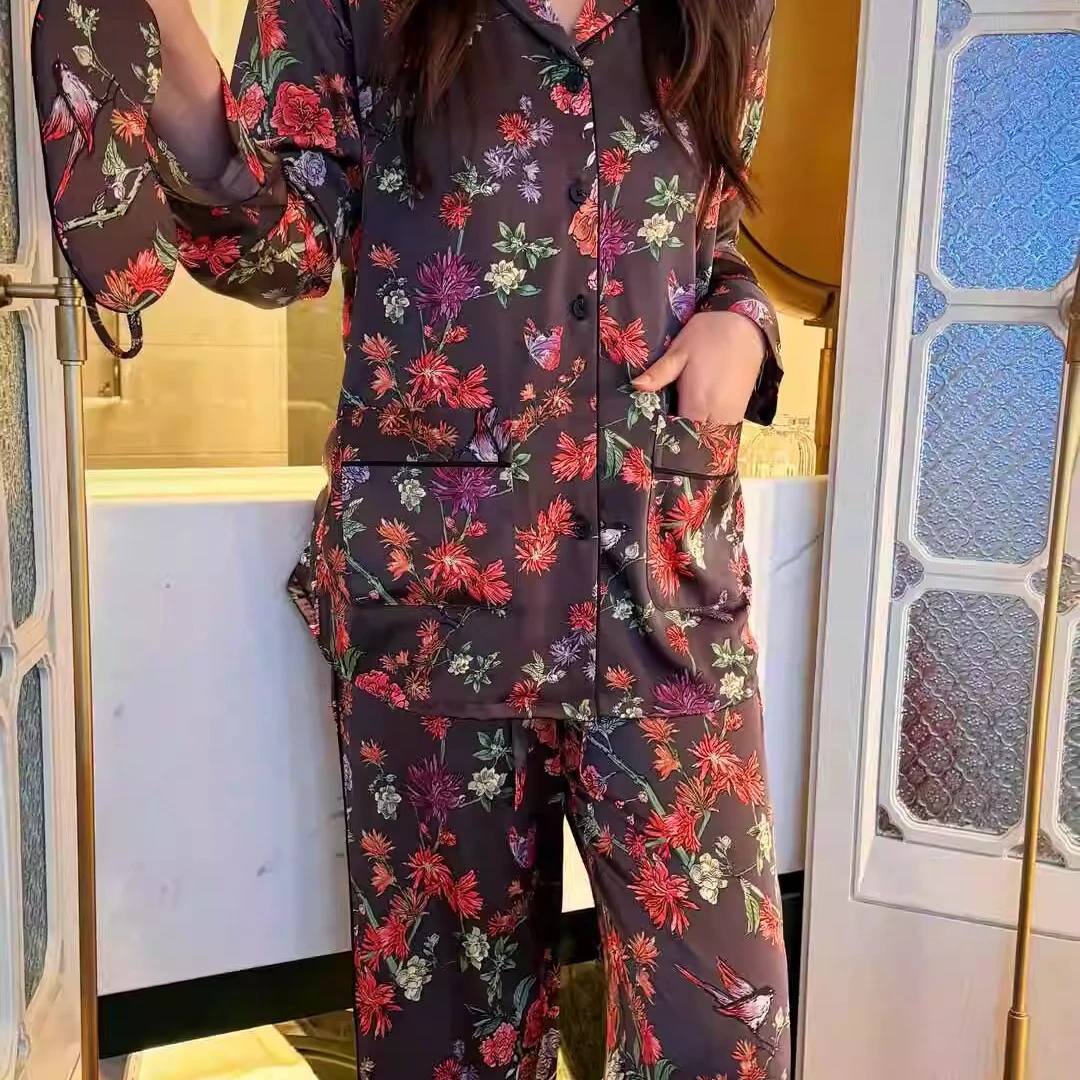 2025新款月光绸丝质睡衣女格兰姆花园绸缎面高级冰丝家居服三件套