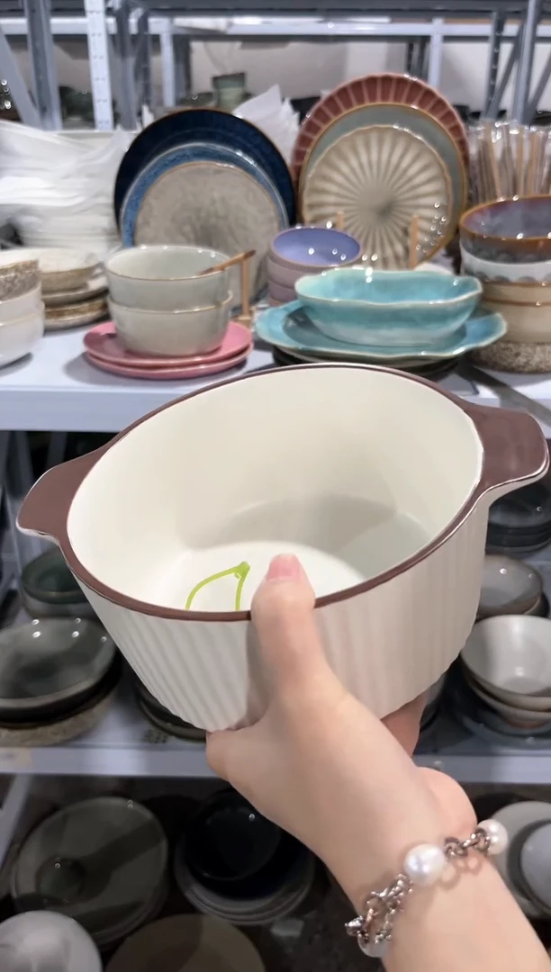 【闪购商品】瓷片外贸尾货瑕疵满20包邮X 咖边双耳汤碗