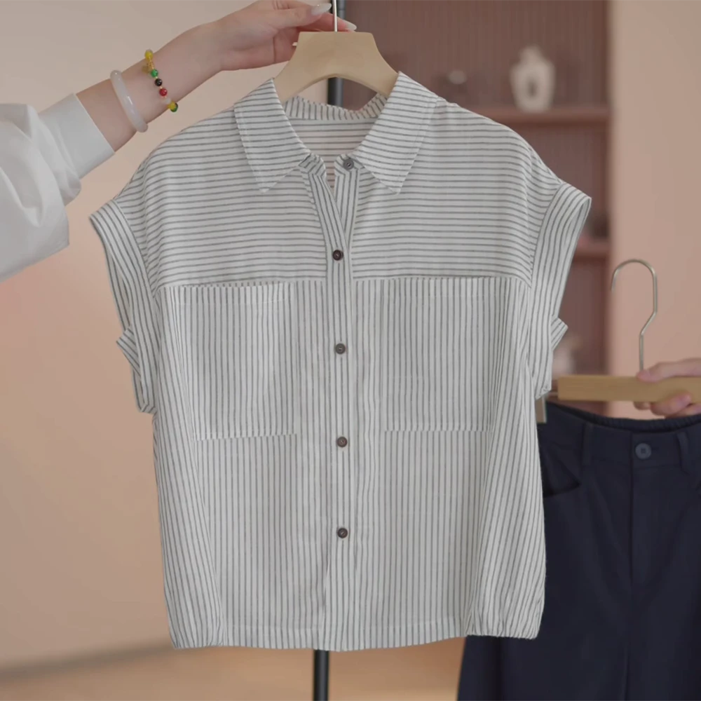 新款设计款简约百搭飞袖设计感条纹短袖衬衫时尚夏季衬衣
