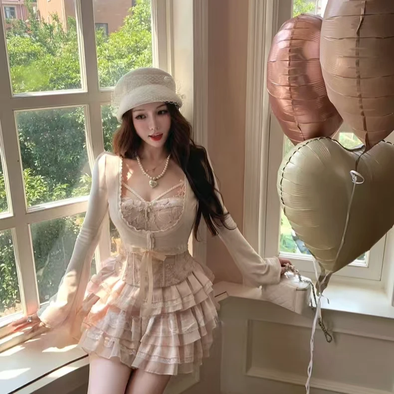 【小美】大码春季法式胸衣吊带粉色蕾丝花边蛋糕裙早秋套装10865