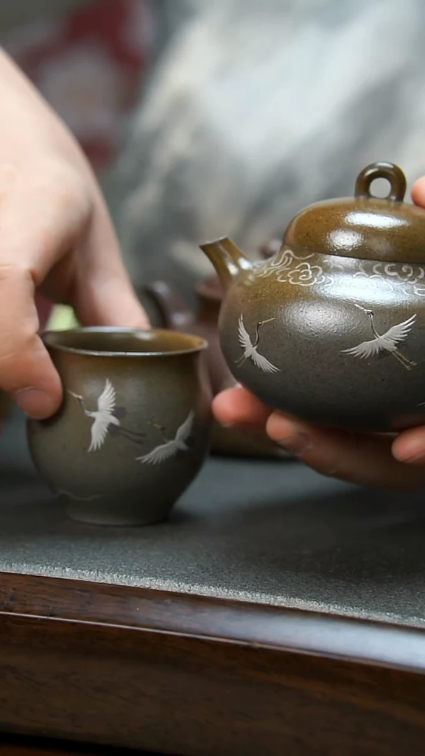 【闪购商品】紫砂茶壶柴烧青色飞鹤壶+杯子