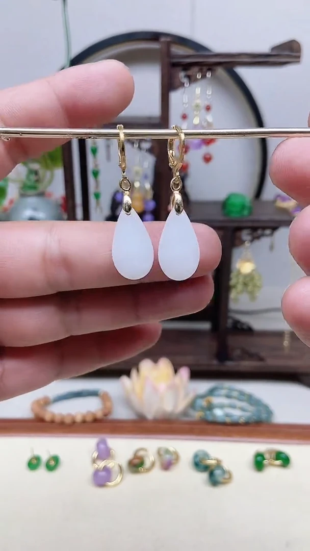 和田玉14K金镶嵌耳饰141号