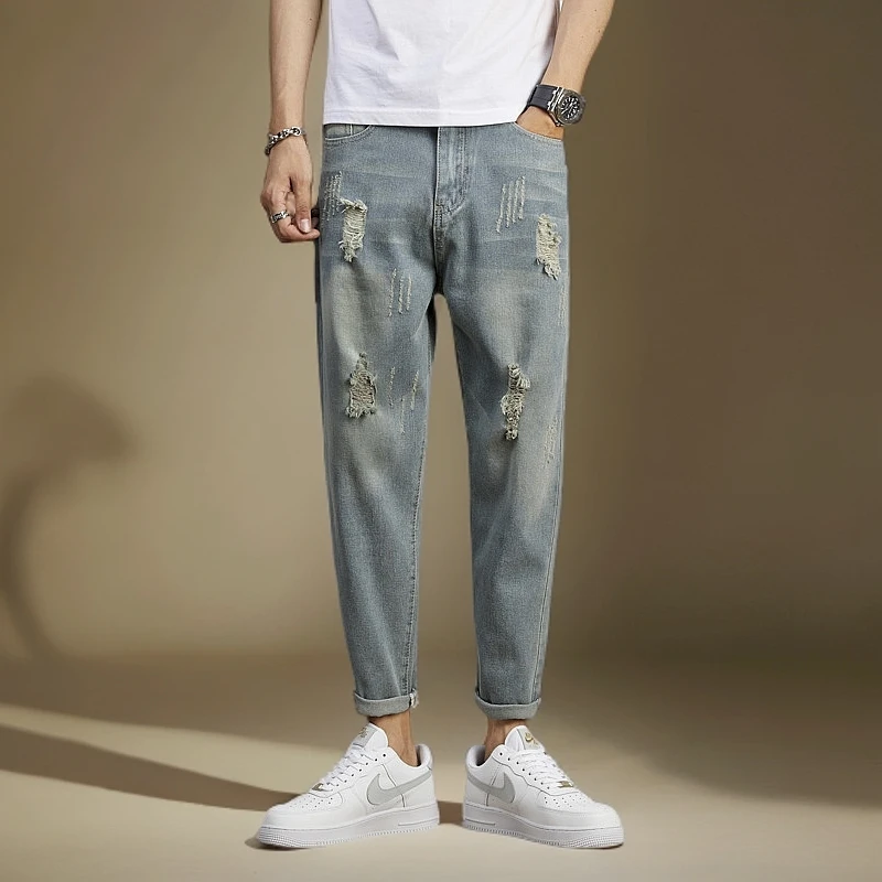 LKTM男装#破洞牛仔裤男2024夏季新款复古水洗宽松小脚乞丐九分裤
