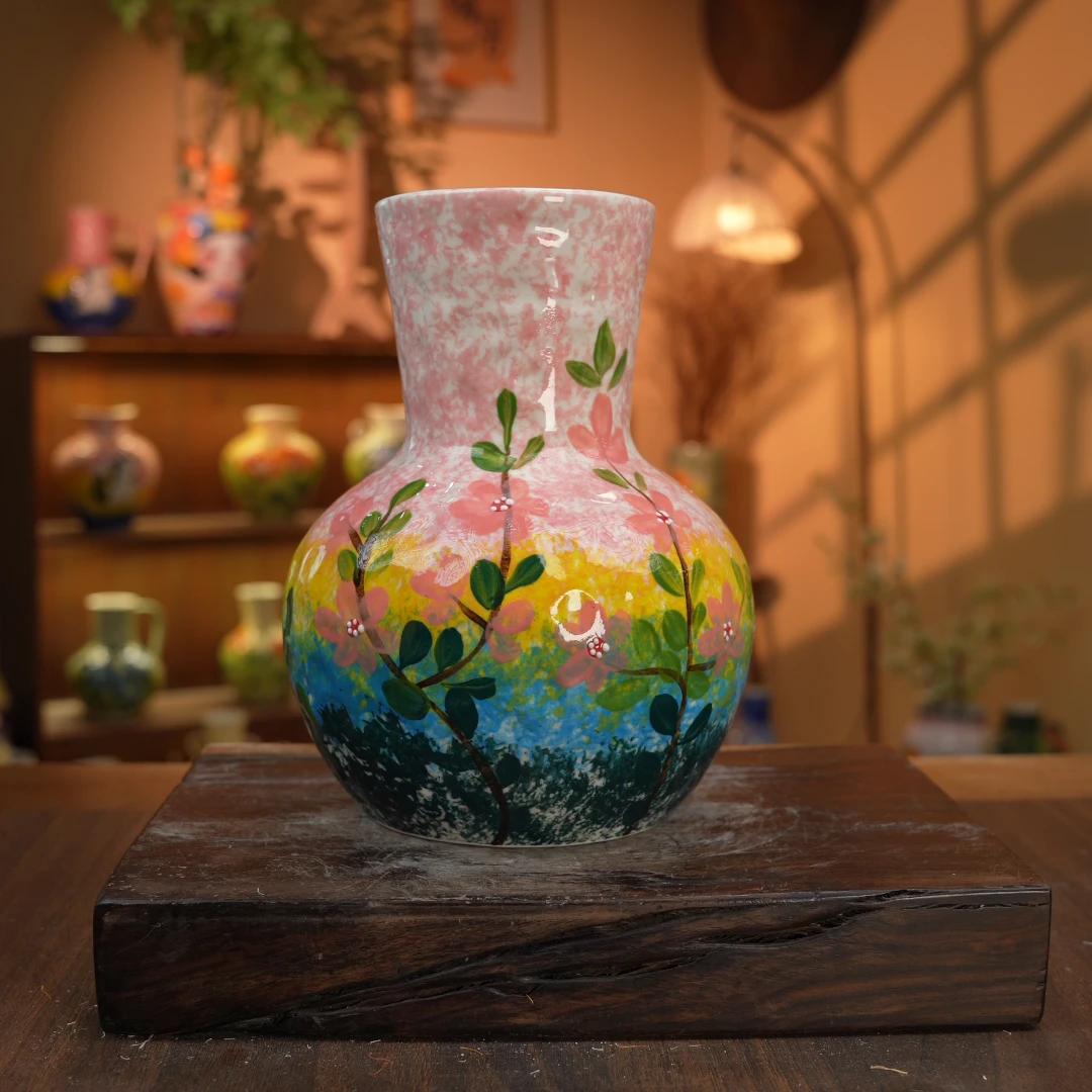 景德镇艺术感插花装饰陶瓷立体设计师款四色渐变桃花大号天球053