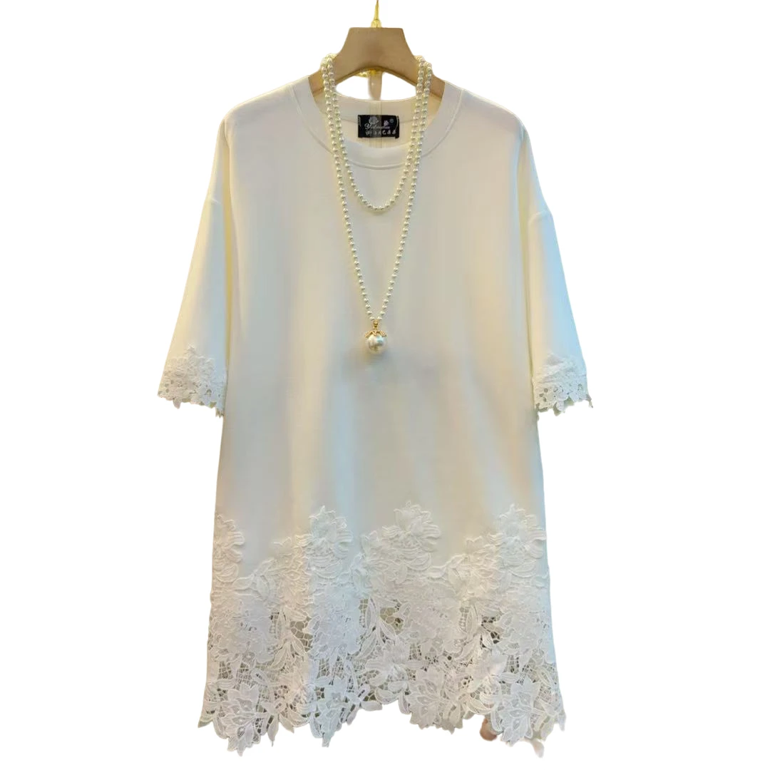 新款宽松蕾丝拼接下摆休闲百搭短袖上衣（长81左右）