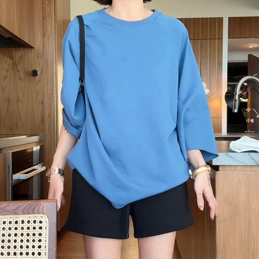 休闲水洗领口破坏工艺卷边宽松短袖圆领T恤C5760