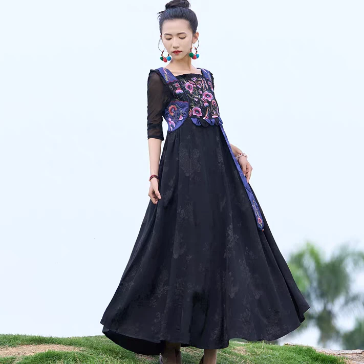 夏季民族风女装单层薄款黑色提花显瘦中长款连衣裙中国风复古长裙