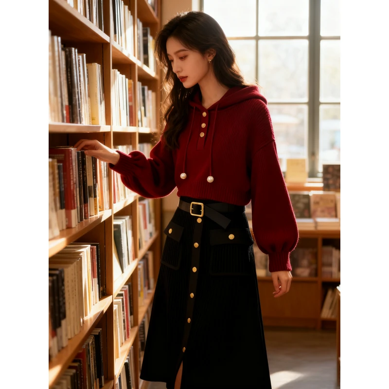 小众别致红色连帽抽绳纯色卫衣女款秋季黑色休闲百搭半身裙两件套