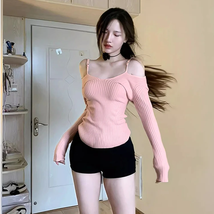 Z6926微胖纯欲性感一字肩打底衫女春夏甜辣御姐针织吊带上衣套装