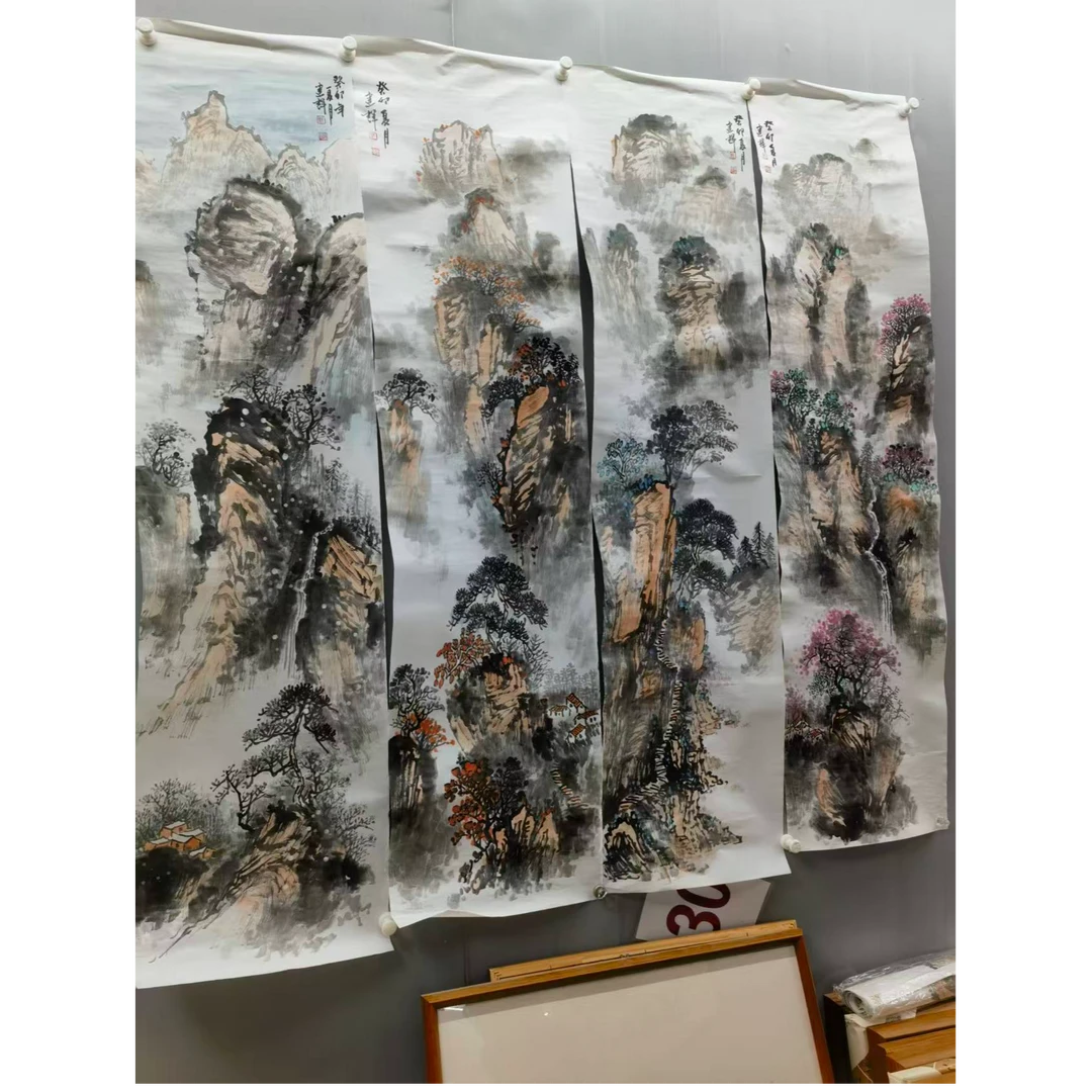 手绘原稿绘画四条屏春夏秋冬