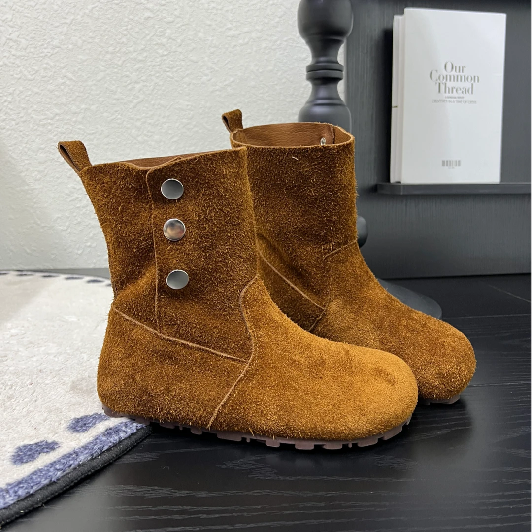 网红爆款复古磨砂皮小短靴女平底套筒马丁靴及踝靴两穿翻折靴子潮