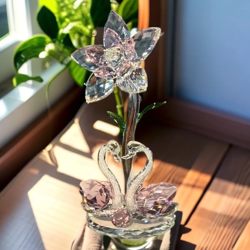 轻奢高档摆件水晶花莲花天鹅客厅卧室书架摆件装饰乔迁礼物