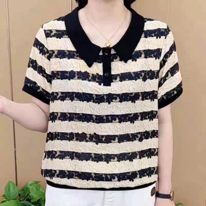 中年妈妈夏装时尚条纹娃娃领短袖t恤女洋气减龄上衣休闲宽松小衫
