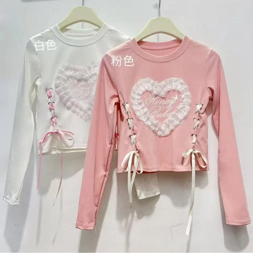 韩系绑带长袖心型印花辣妹纯欲风2025春季新款女正肩显瘦微胖女装