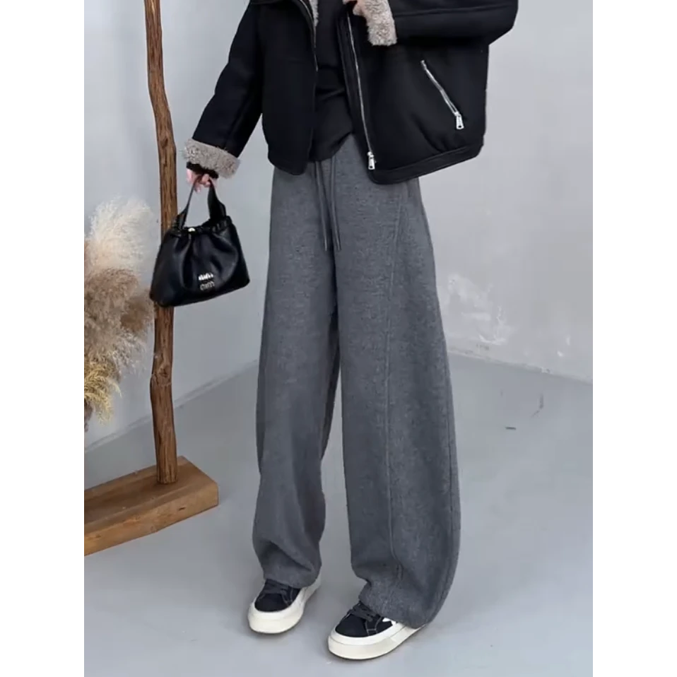 秋冬新款加绒加厚保暖卫裤大码女装高腰宽松显瘦休闲百搭阔腿裤