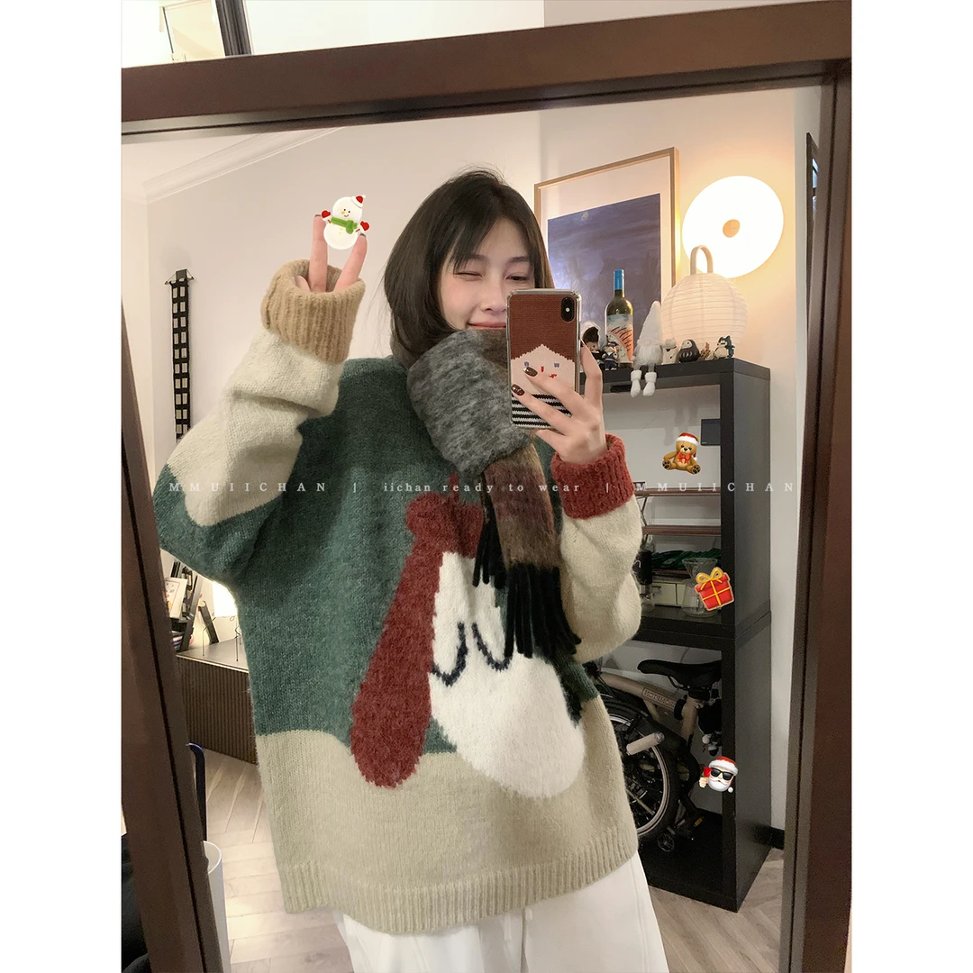 MMUIICHAN 快乐茄子狗 复古色系厚款慵懒百搭超美丽保暖撞色毛衣