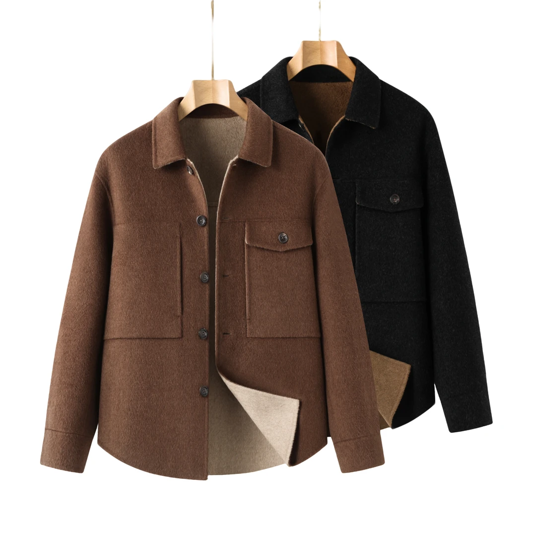 时尚翻领百搭双面秋冬男士大码修身短款休闲男毛呢大衣韩版宽松TY