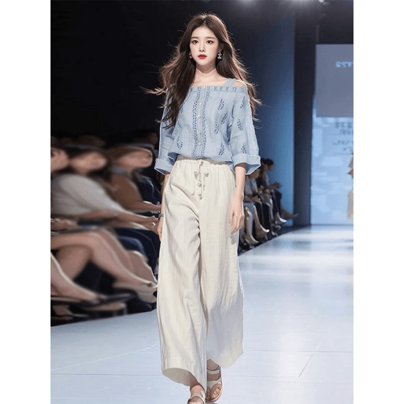 浅蓝色衬衫冷淡风盐系穿搭轻奢高端感女人味名媛女装高端套装夏季