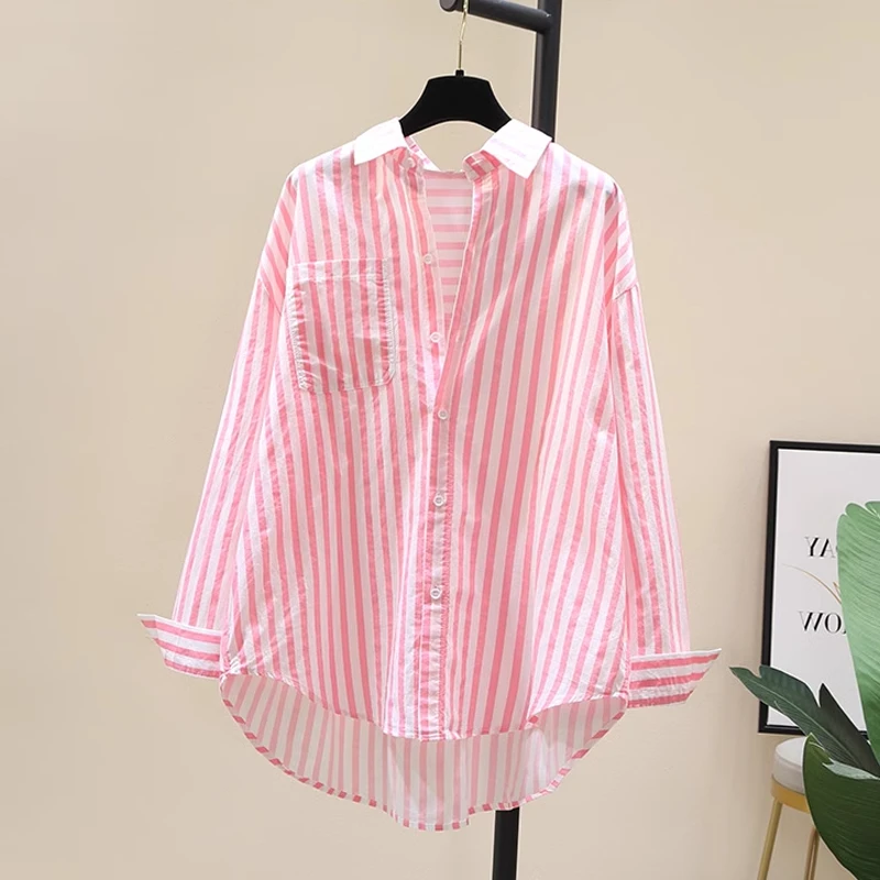 清新粉色条纹防晒衣衬衫女2025夏季新款宽松百搭薄款衬衣上衣外套