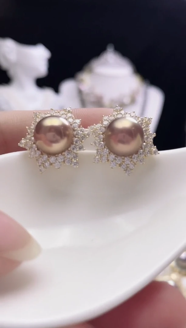 银S925镶嵌耳钉淡水珍珠猪*贝淡水珍珠耳钉