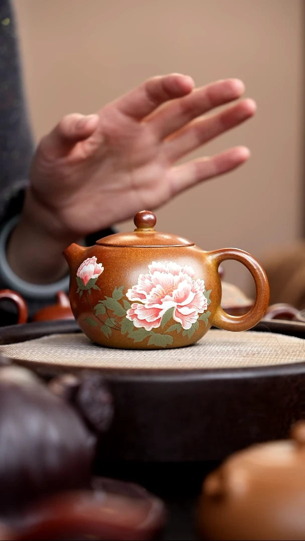茶壶紫砂柴烧西施泥绘牡丹粉