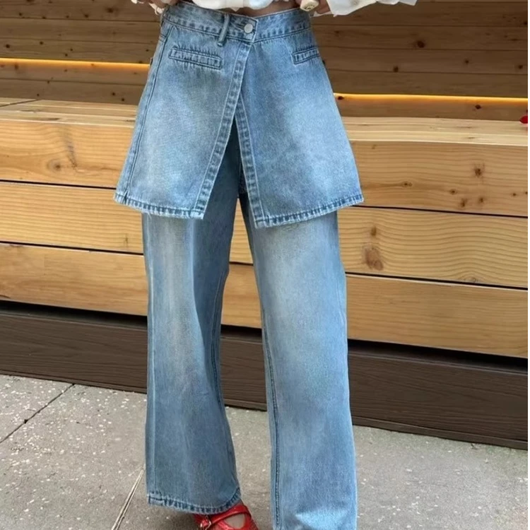 韩版可拆两穿屁帘直筒牛仔裤女2025夏季高级感时尚高腰显瘦阔腿裤