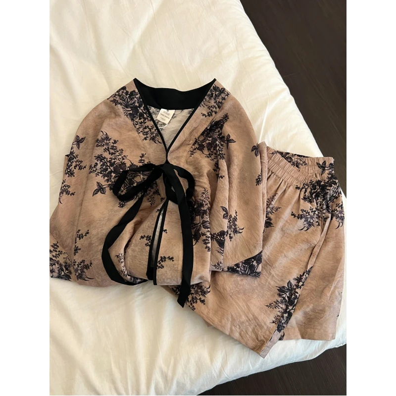 国风复古花卉印花冰丝睡衣女春夏新款绑带宽松大码居家套装可外穿