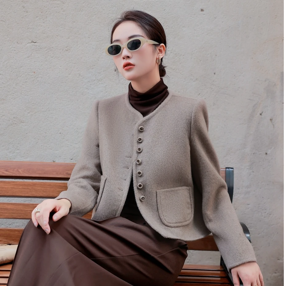 96116秋冬时尚休闲简约圆领双面呢绵羊毛毛呢短外套大衣韩版