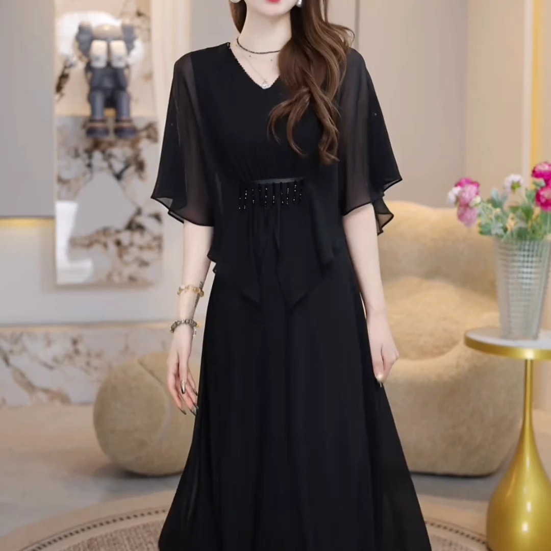 高端洋气连衣裙2025夏季新款收腰显瘦遮肉气质减龄中长款礼服