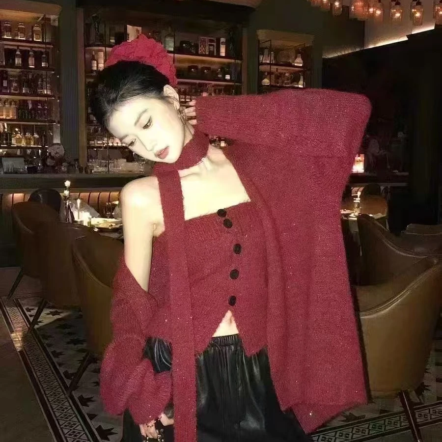 圣诞套装女慵懒风红色新年战袍针织三件套女