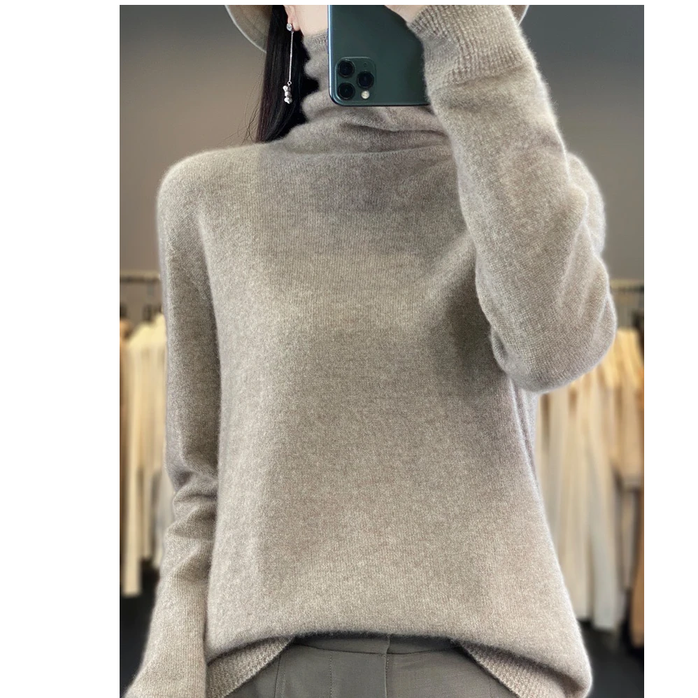 100%纯羊毛针织衫堆堆领女士内搭半高领薄款百搭休闲毛衣纯色打底