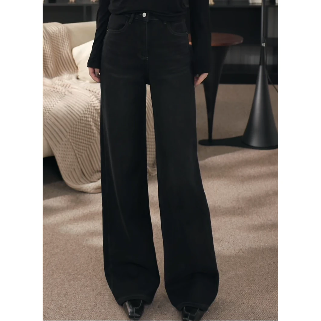 卢尚棕色皮标磨毛牛仔女裤7077