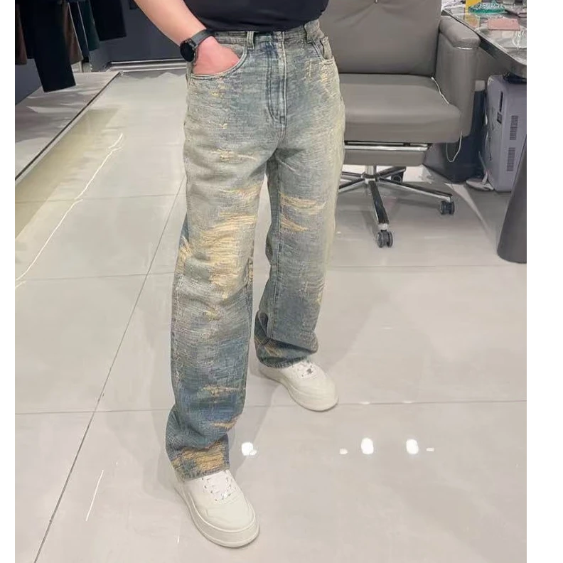 迪卡里奥费雷牛仔裤破洞52NZ862男装刮烂风重工阔腿牛仔裤