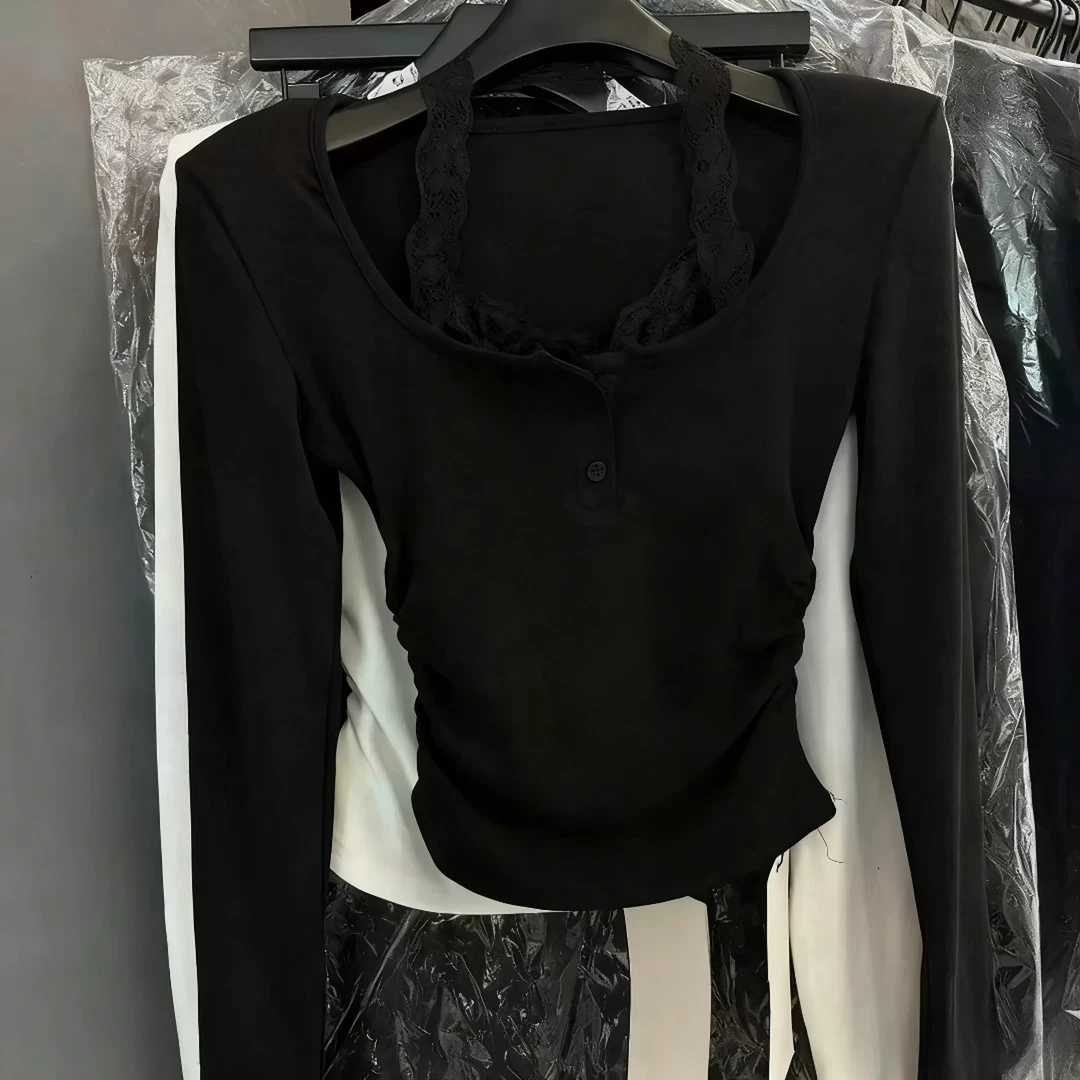 2025冬季新款韩版纯欲风假两件修身蕾丝挂脖长袖T恤女磨毛上衣女