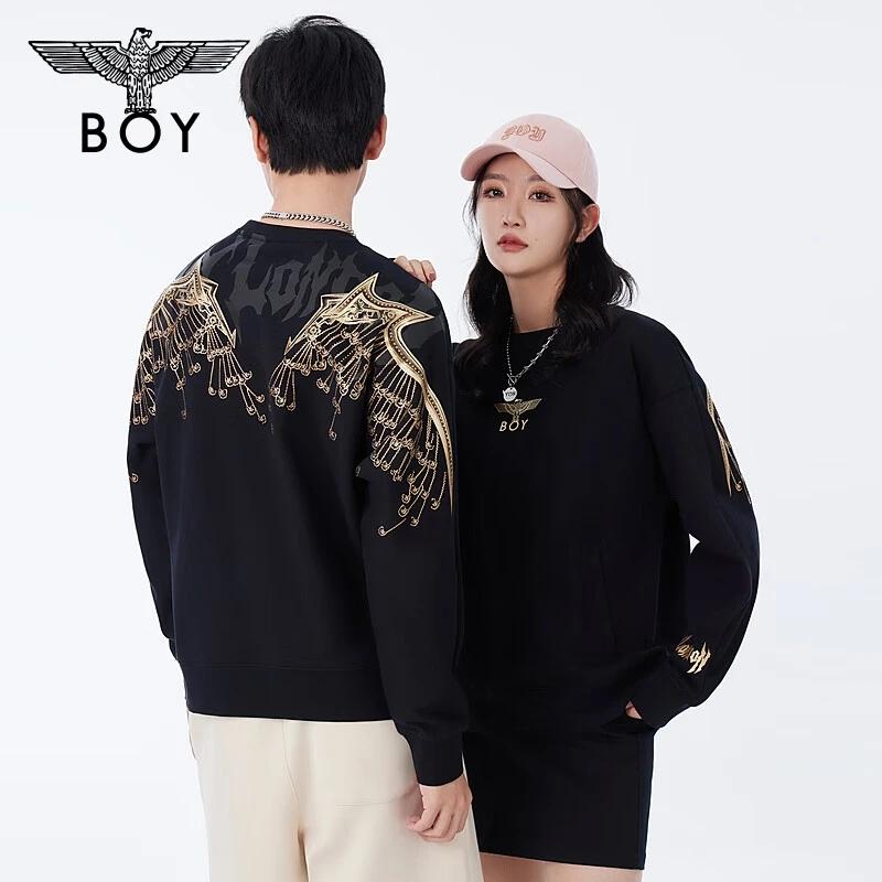 BOYLONDON24龙年情侣曲别针翅膀烫金长袖时尚宽松套头卫衣 N03008
