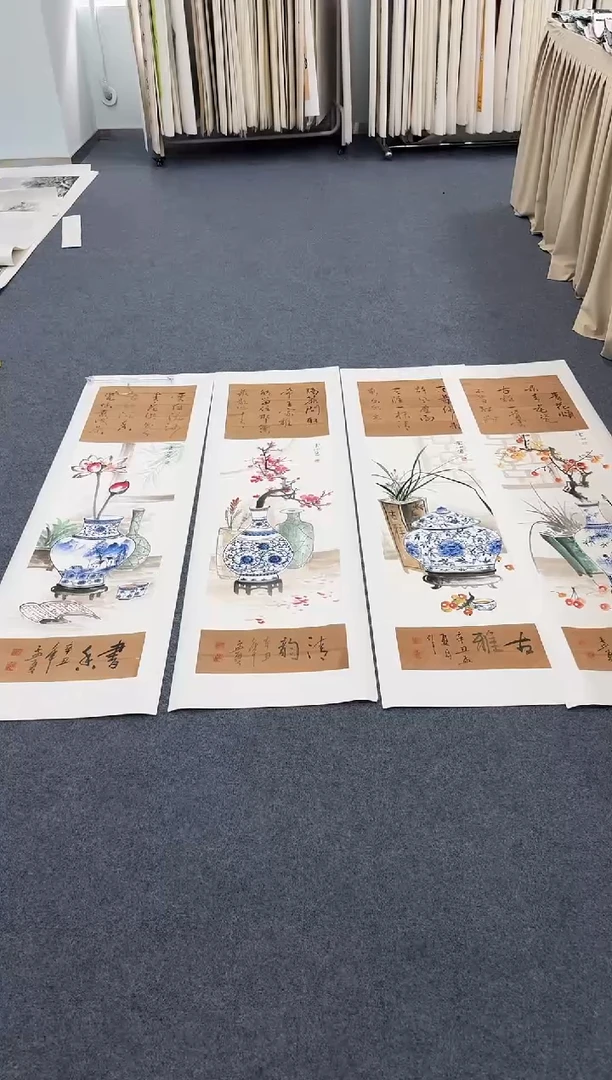 国画青花四条屏手绘作品