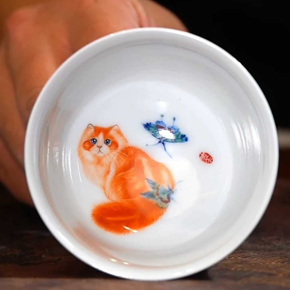 【寒山窑】青花矾红猫咪宫碗杯