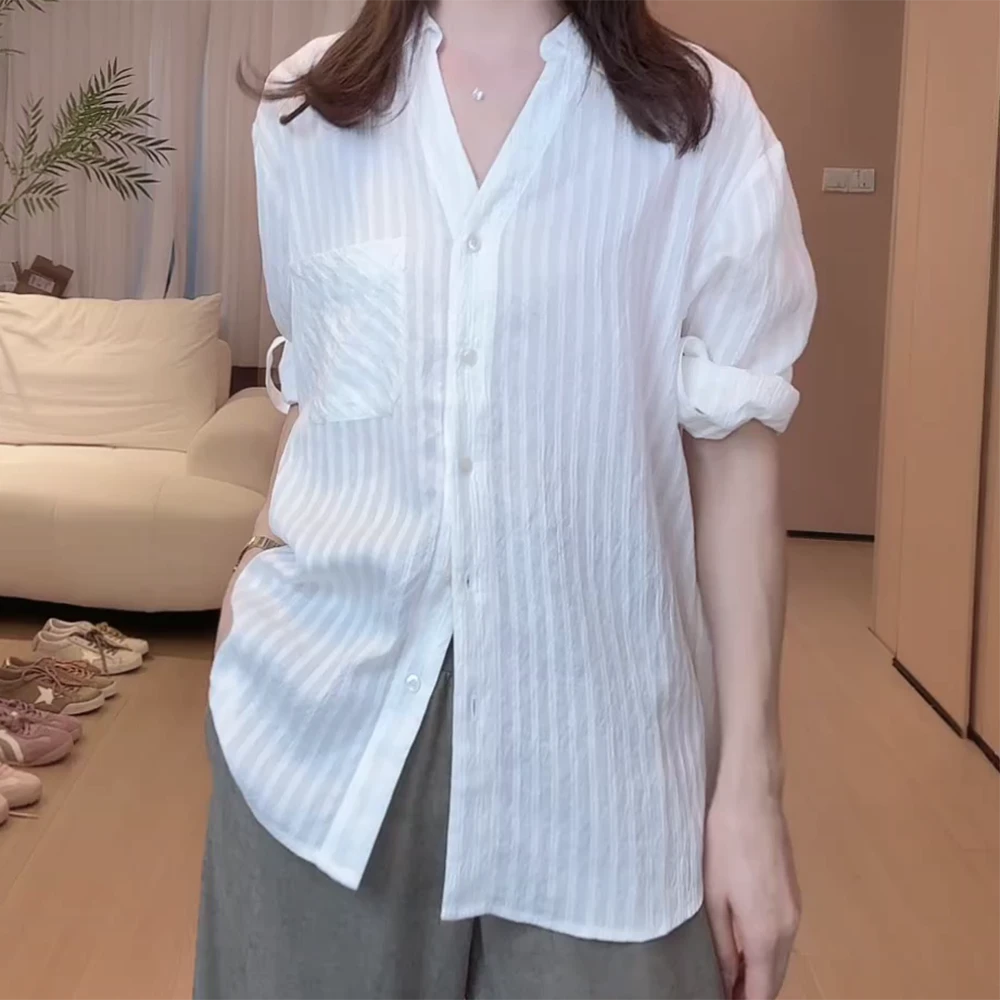 秋季松弛V领通勤休闲宽松高级感翻领衬衫上衣C5937