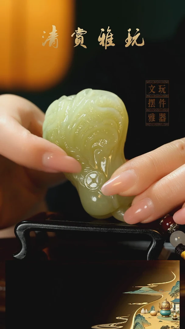 玉《丰满白菜手握百财》手把件摆件