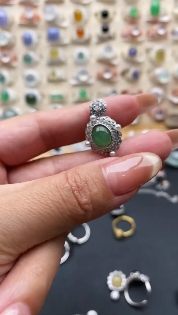 银S925镶嵌戒指翡翠缅甸天然A货翡翠11 1-10