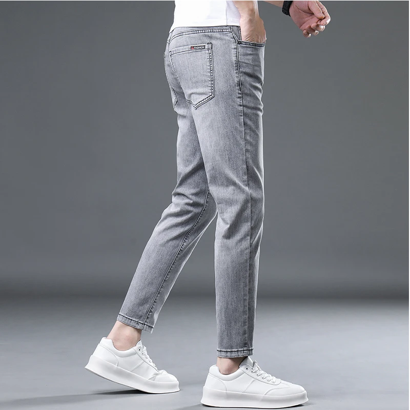 贾鲁萨加高端时尚夏季薄款黑灰色九分牛仔裤男修身小脚冰丝百搭裤