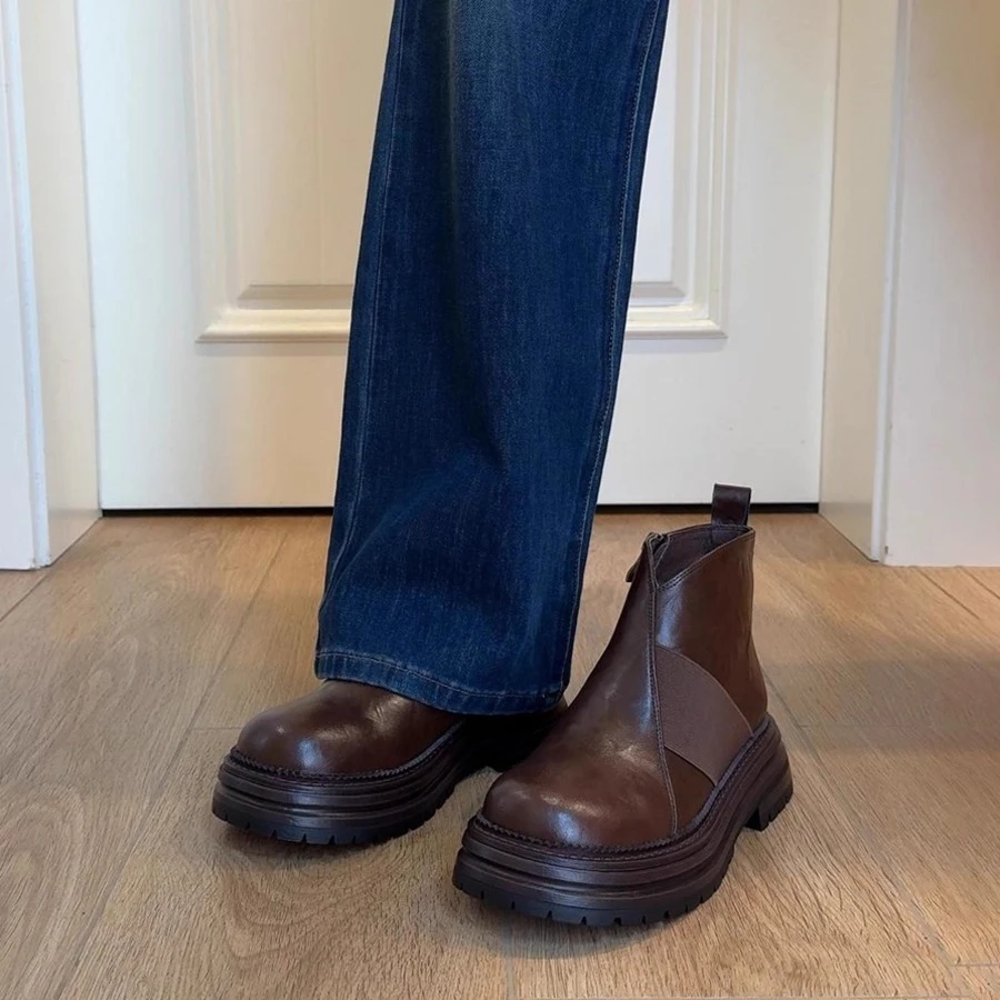 牛皮版~厚底短筒雪地靴女百搭英伦风马丁靴时尚复古