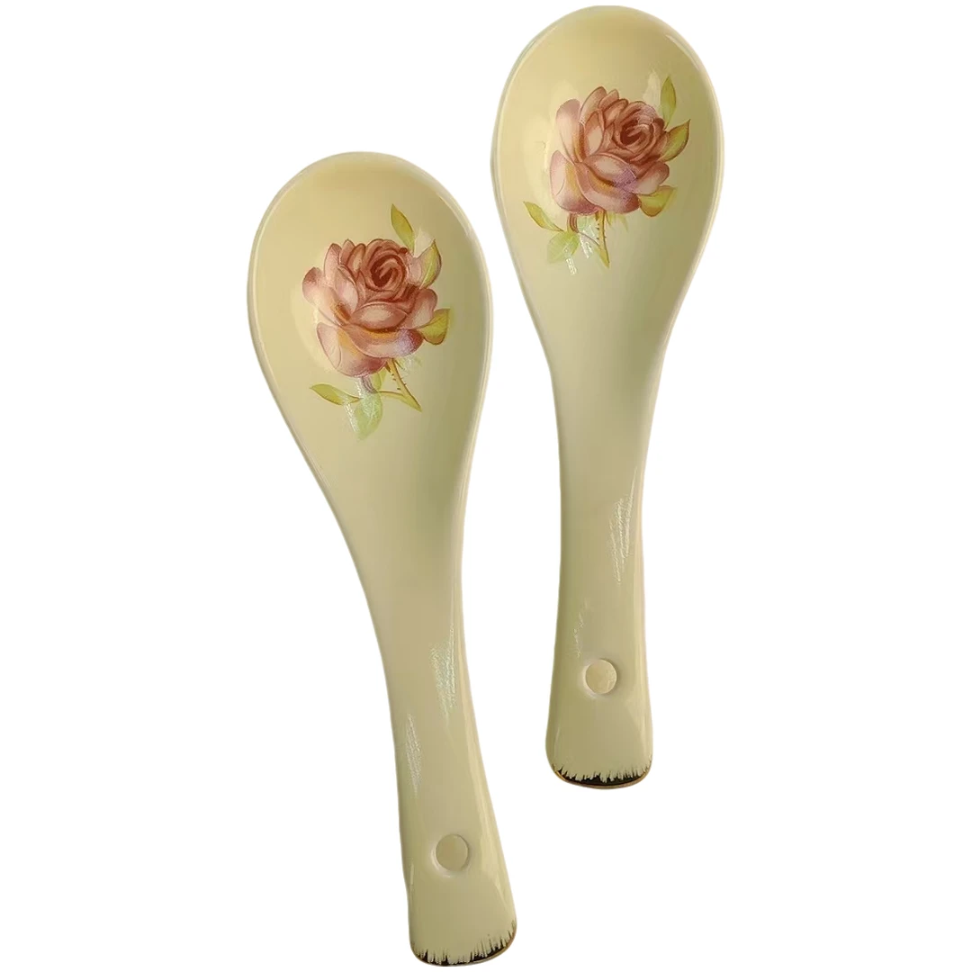 欧式象牙黄玫瑰花饭勺汤勺喝汤小汤勺勺子家用2个装