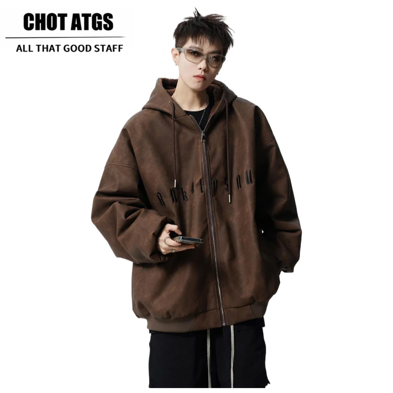 CHOT ATGS复古连帽外套男冬季美式刺绣夹克棉服百搭加厚保暖棉衣