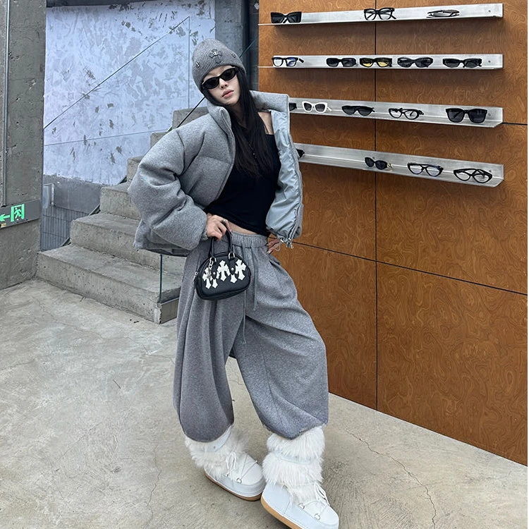 美式灰色立领面包棉服外套女2025新款冬季高级感上衣百搭阔腿裤子