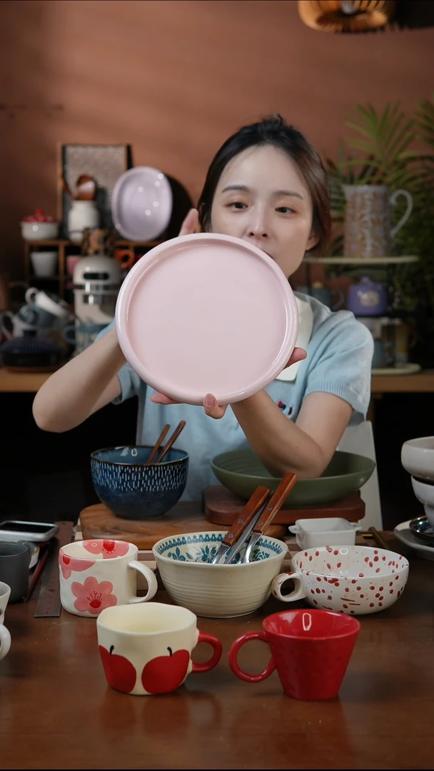 瓷片8英寸窑变粉色圆盘 微瑕 凑满20发货