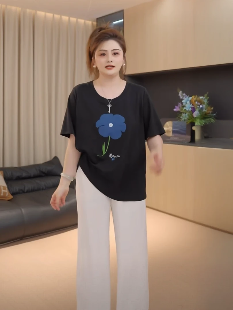 胖佳大码圆领黑色正肩短袖T恤女夏新款胖mm遮肉百搭宽松显瘦上衣