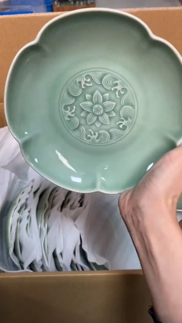 陶瓷耀州窑 清楚海浪纹 花口盘（一个）