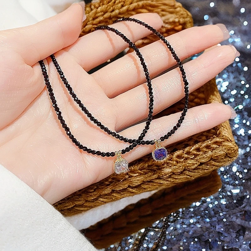 仿水晶项链超仙小众设计小香风轻奢黑色仿水晶项链名媛风时尚气质