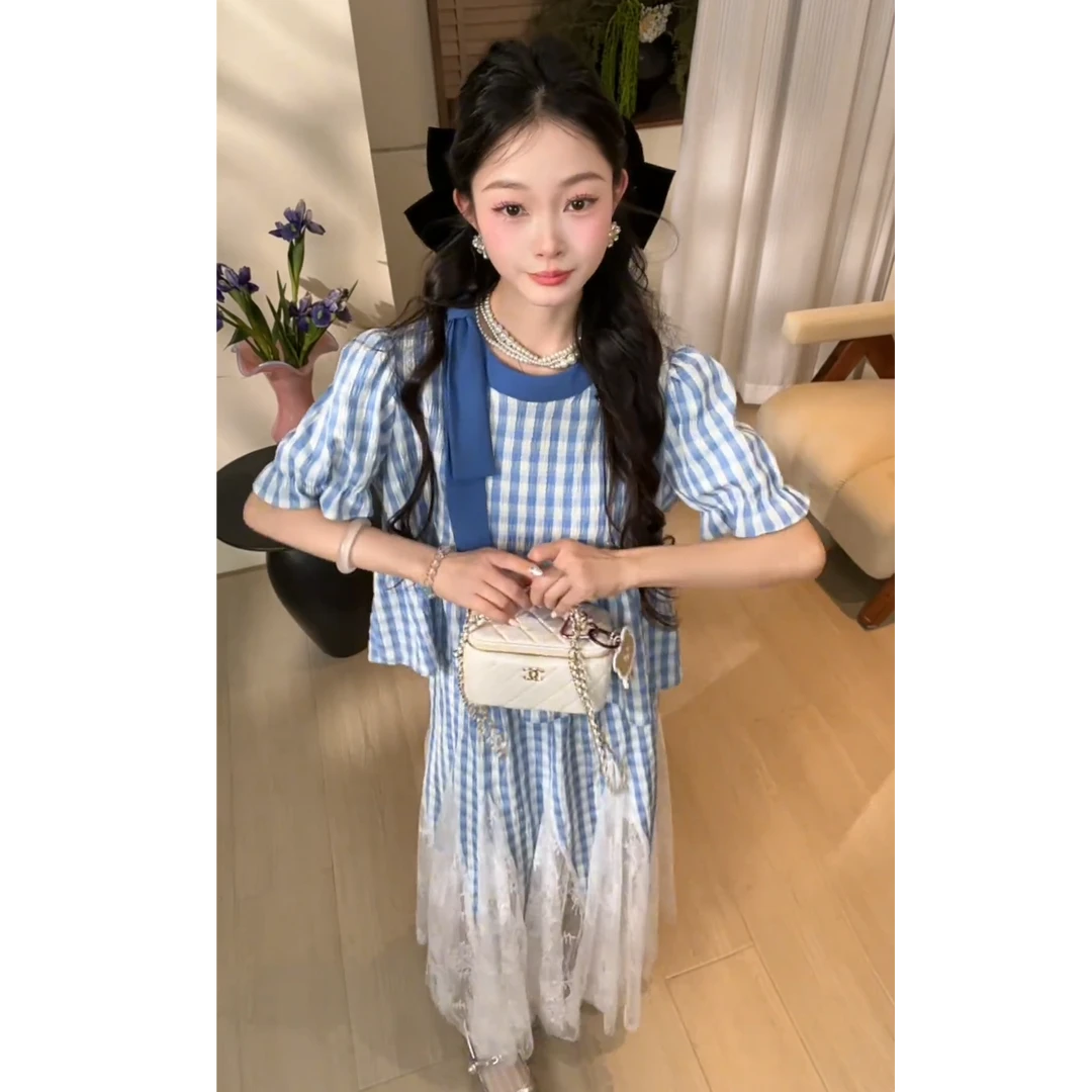 2025年新款格子系带衬衫蕾丝拼接半裙两件套女减龄搭配一整套夏装